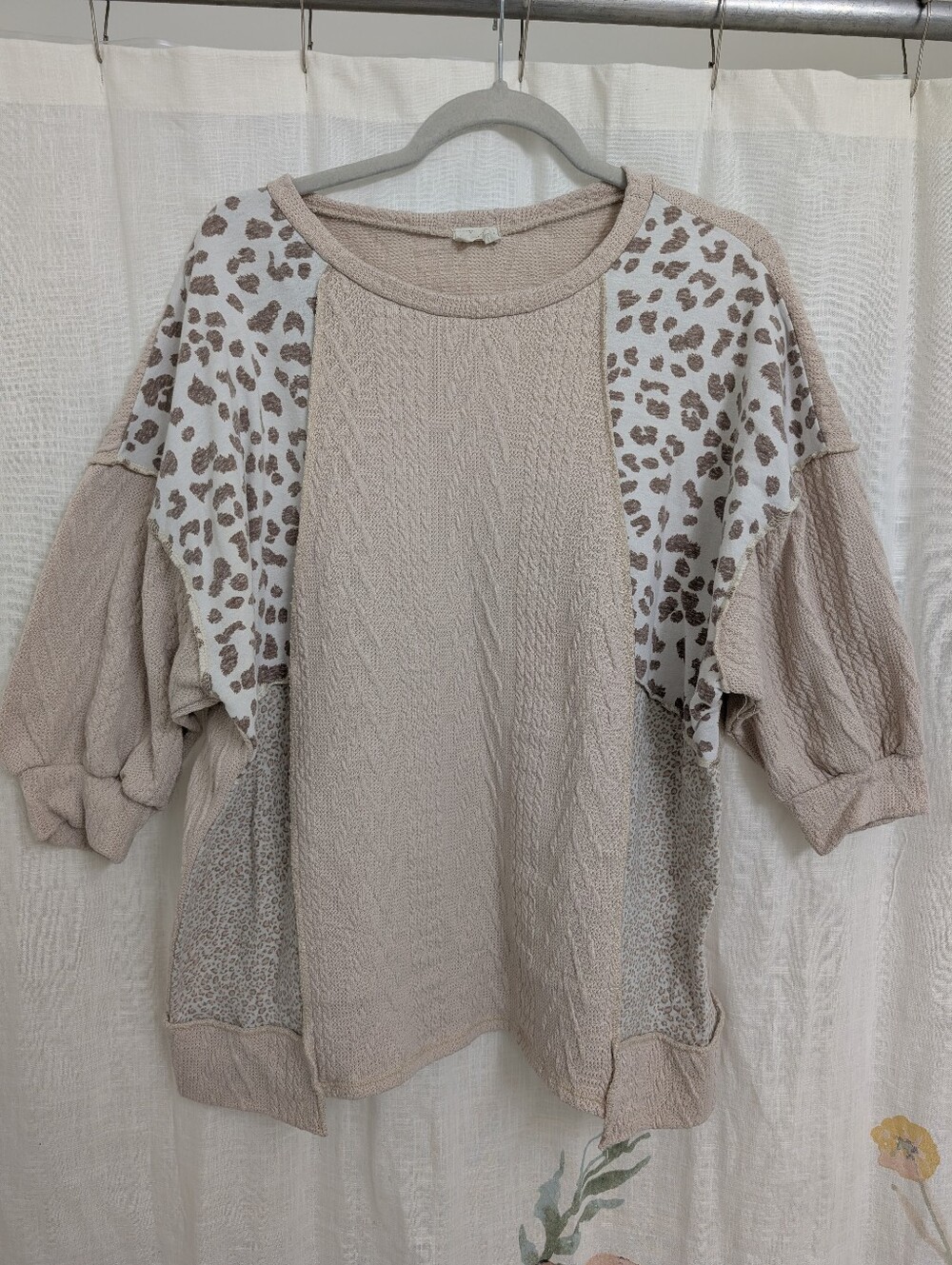 Lovely Melody Beige Leopard Contrast Knit Top Large